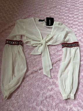 PrettyLittleThing White Sheer Tie-Front Blouse with Embellished Red Sleeve Bands